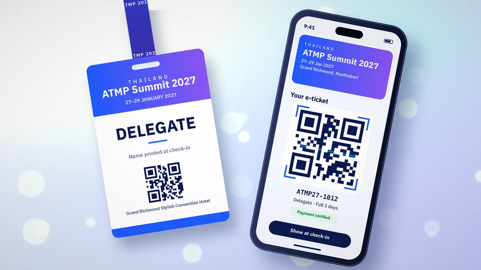 Illustration of a phone showing a QR e-ticket next to a delegate badge
